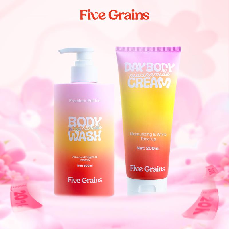 I Combo Sữa tắm 500ml & Kem dưỡng body nâng tone ban ngày Five Grains giúp dưỡng trắng da Niacinamide Alpha-Arbutin 200ml - A08