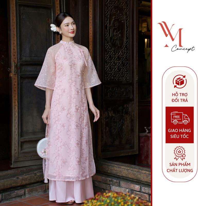  YM Concept Áo Dài Thêu Hoa Kim Sa Tay Lửng Đính Nơ Kèm Quần - Nữ Tính Thanh Lịch  Sang Trọng AD1511 