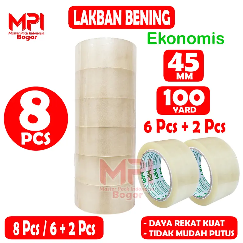 Paket 8 Pcs (6+2) - Lakban Bening 45 mm x 100 Yard Ekonomis - Lakban Packing Hemat - Master Pack Indonesia Bogor 0
