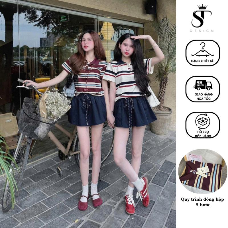 Set Đồ Thể Thao QC Áo Polo Kẻ Trend & Chân Váy Xanh Than Dáng Xòe Hàng QC Cao Cấp ST Design Hottrend Bán Chạy