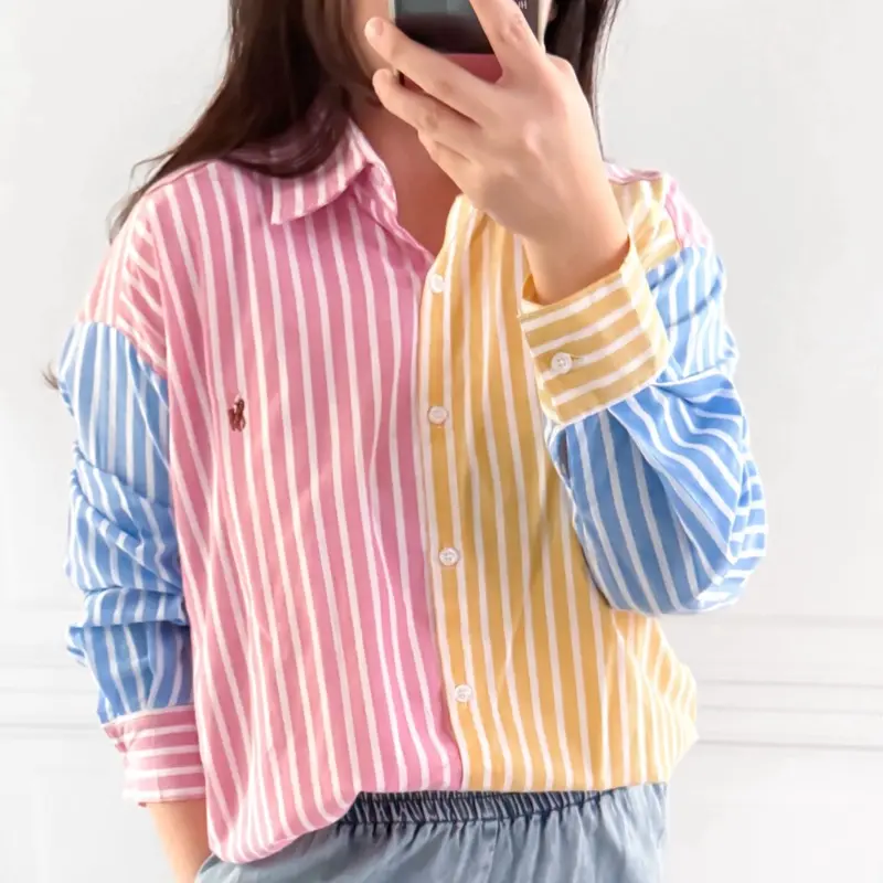 KEMEJA WANITA PLO BORDIR KUDA KATUN STRIPES DENIM  Baju LENGAN  Panjang Formal Atasan Oversize olop 7