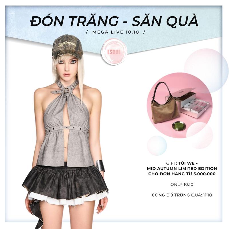 LSOUL Gracin Top + Kelly Skirt Áo Cổ Yếm Đính Đinh Tán Cut Out Sexy + Chân Váy Da Ngắn Xoè Cá Tính Y2K Có Tua Rua A24102784 + CV24100701 Nữ Women