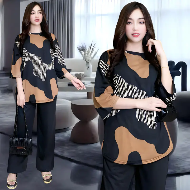 TELSA SETELAN WANITA LD 120 & LD 130 CELANA LURUS DAN ATASAN OVAL BELAHAN KIRI DAN KANAN OVERSIZE WANITA celana lurus karet kantor kaos santai Motif 2