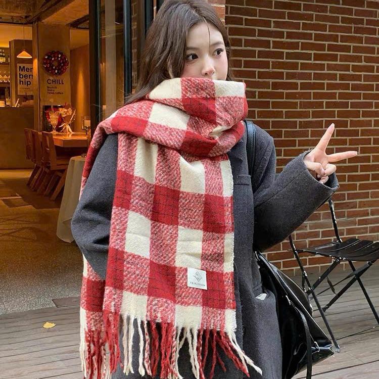  Khăn quàng cổ - Khăn choàng cổ kẻ caro 2 màu đỏ và đen ấm áp đông 2024 hot trend sc53 