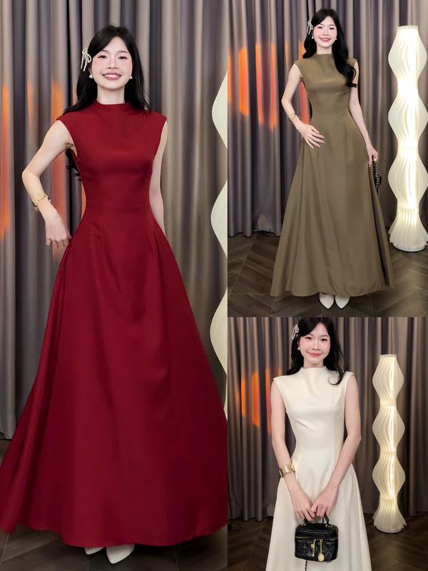Đầm Thiết Kết Dáng Dài Cổ Trụ Thanh Lịch Cổ Điển Women Top Dress | Tũm Clothing