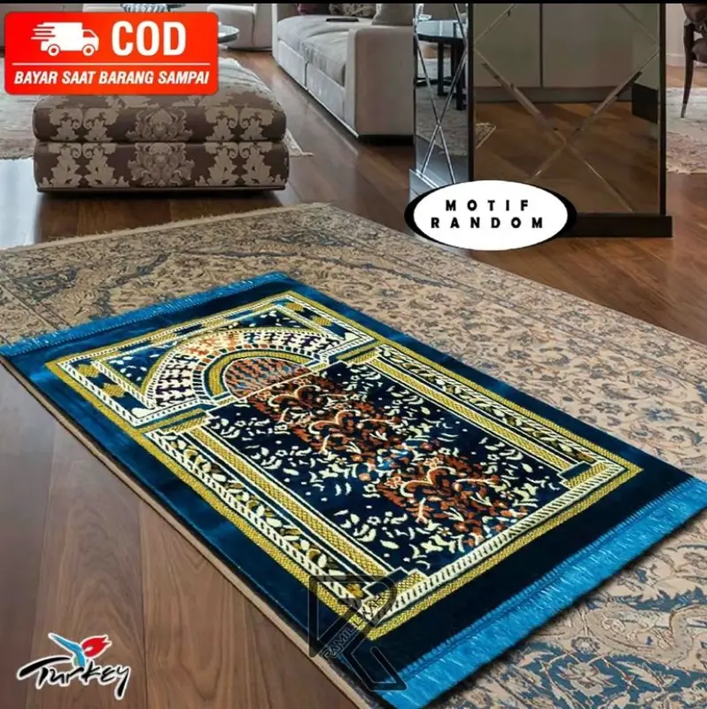 Sajadah Eklusif Motif Turki Premium Ukuran Besar 110x70cm Bahan Bulu Beludru Lembut Muslim Spigel Semi Karpet Anti Slip 2