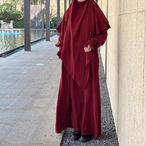 Gaun Muslimah dan Hijab, Jubah Biru Diraja Santai, Gaya Monokrom Mudah, LR591 + HJ907 Wanita