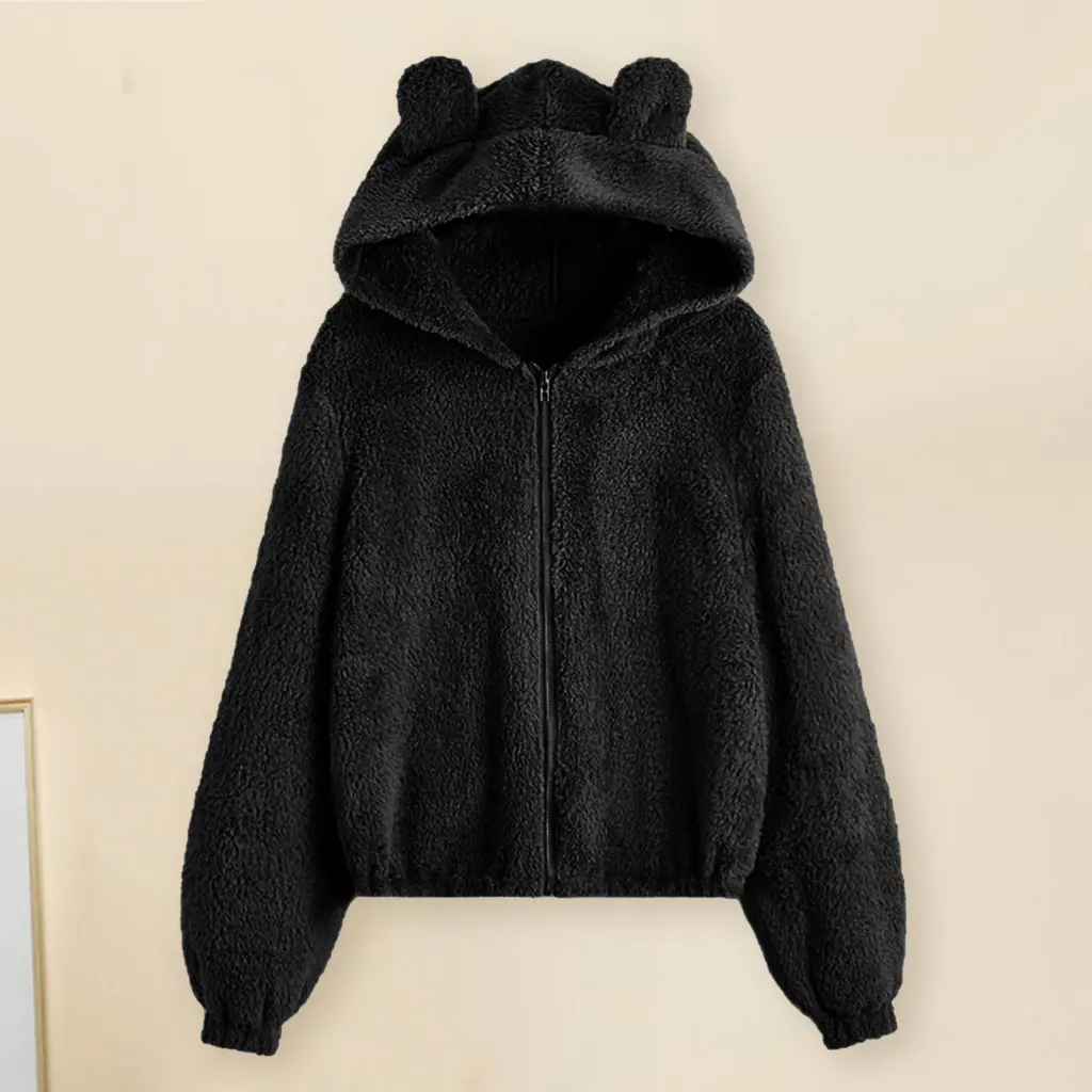 GY- Women Jacket Chic Ladies Jacket Contrast Color Fall Winter Adults Ladies Coat Ears Decor Chic Autumn Winter Thermal Ladies Jacket for Daily Hooded