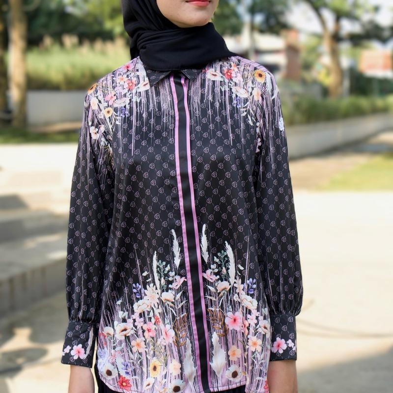 Gabrial YOSI SHIRT Atasan Wanita Exclusive Monogram Printed Limited Gabrial Hijab top Silk Silky Glow Kancing Cantik floral bloom series 9