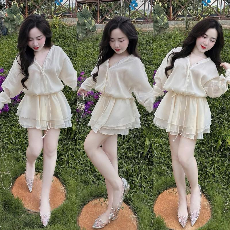 Set đồ nữ tơ áo thiết kế cổ chữ V tay dài bồng kèm chân váy xếp tầng [Có Lót] sang chảnh dành cho các nàng diện đi chơi, đi tiệc