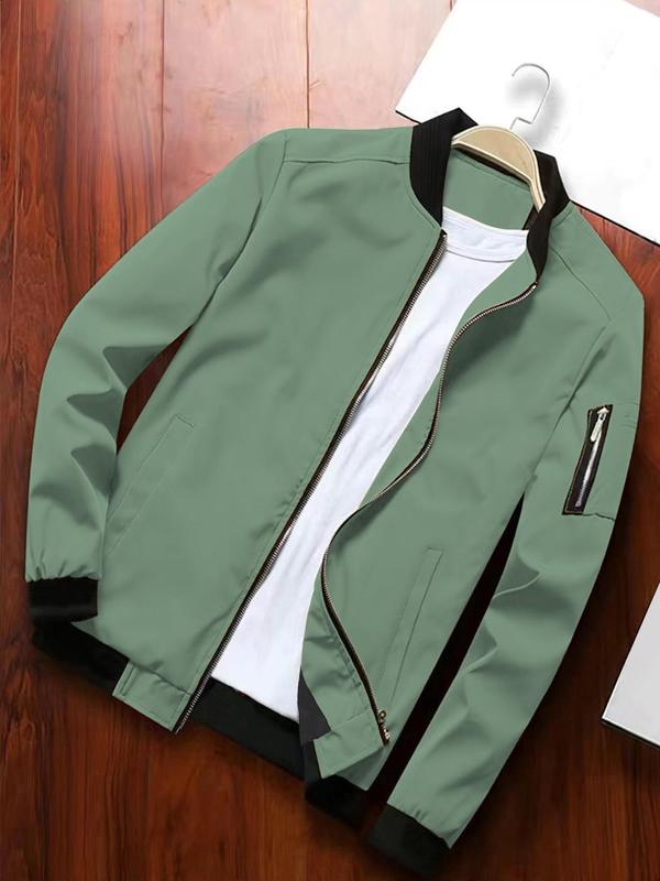 Men's Solid Zip Up Bomber Jacket, Regular Fit Casual Baseball Collar Long Sleeve Outerwear for Spring & Fall, Fashion Men's Clothes for Daily Wear, Coats 6
