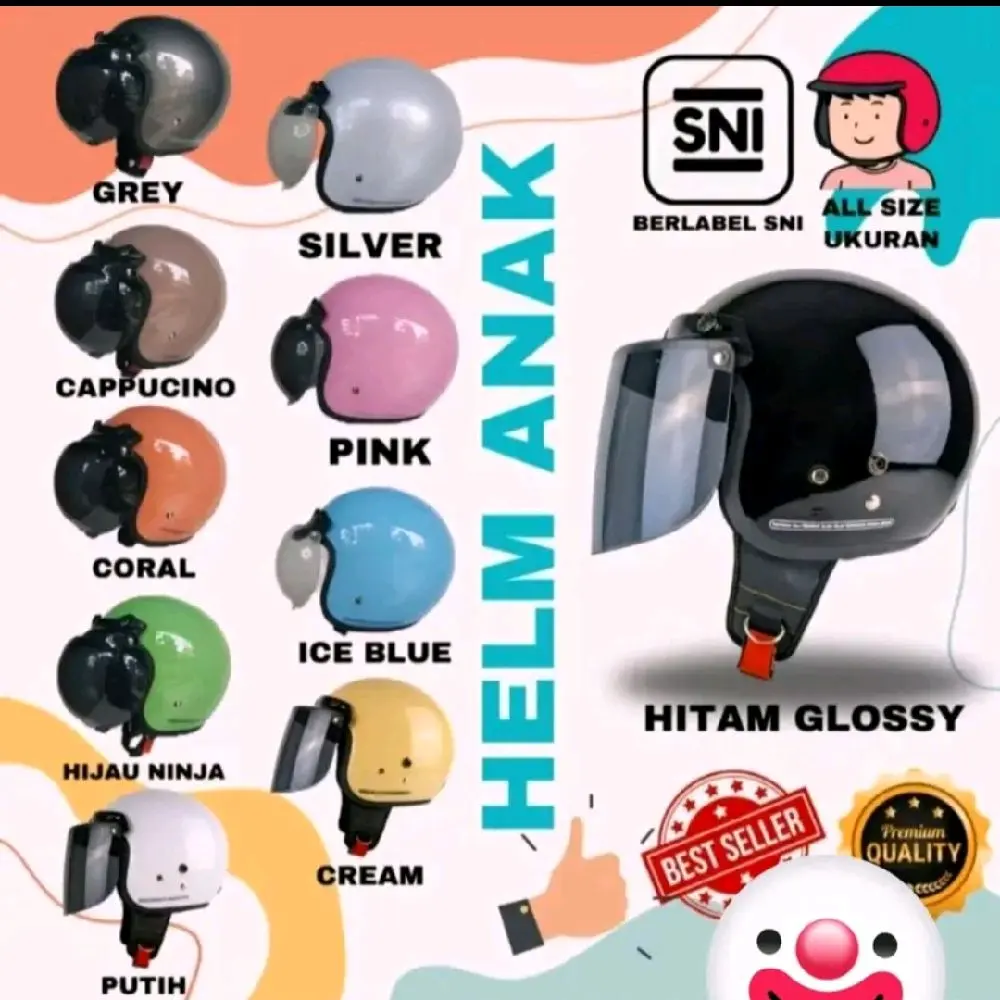 helm bogo anak untuk usia 4 sampai 12 tahun ukuran universal warna polos warna lucu SNI motorcycle cargloss hijab