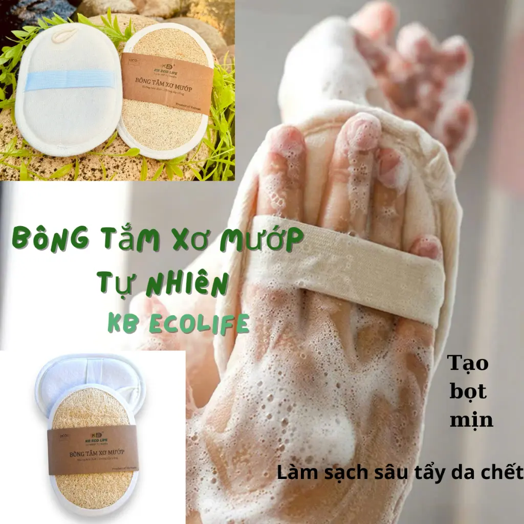 Bông tắm xơ mướp tự nhiên KB Ecolife tạo bọt massage da tẩy tế bào chết không hoá chất tẩy trắng (oval 1 mặt xơ)