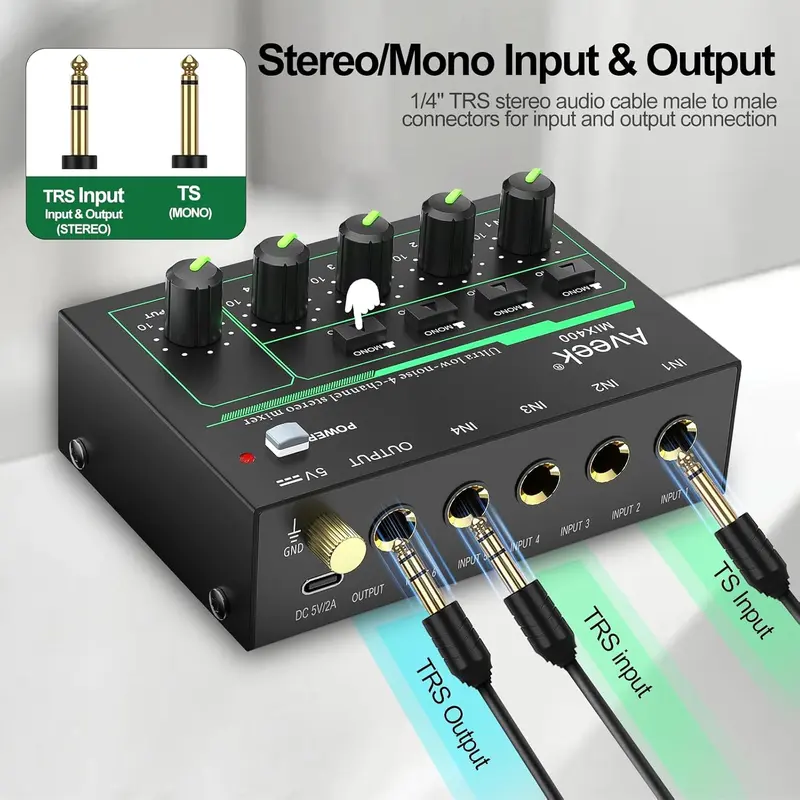 Aveek 4 Channel Mixer - Mini 4 Stereo Audio Mixer, Low-Noise for Precision Sub-Mixing,1/4" TRS Input/Output Ideal for Mics/Guitars/Bass/Stage - 3 x 4.4 x 1.3 inches 1