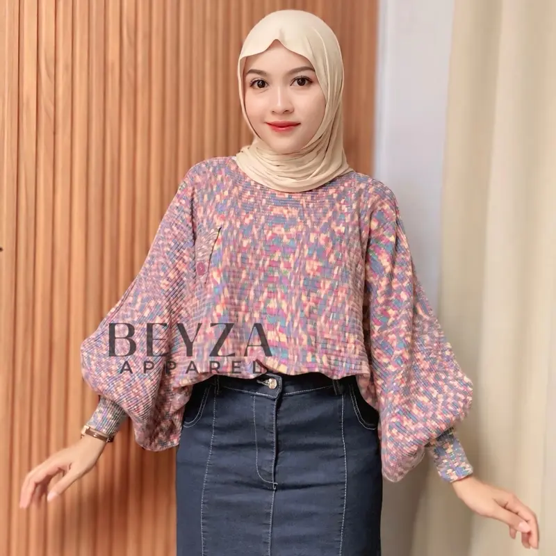 [Beyza Apparel] Karin Batwing Rajut Premium Atasan Wanita Korean Style Motif Abstract Blouse Kelelawar Lengan Balon Baju Panjang Oversize Knitwear 1
