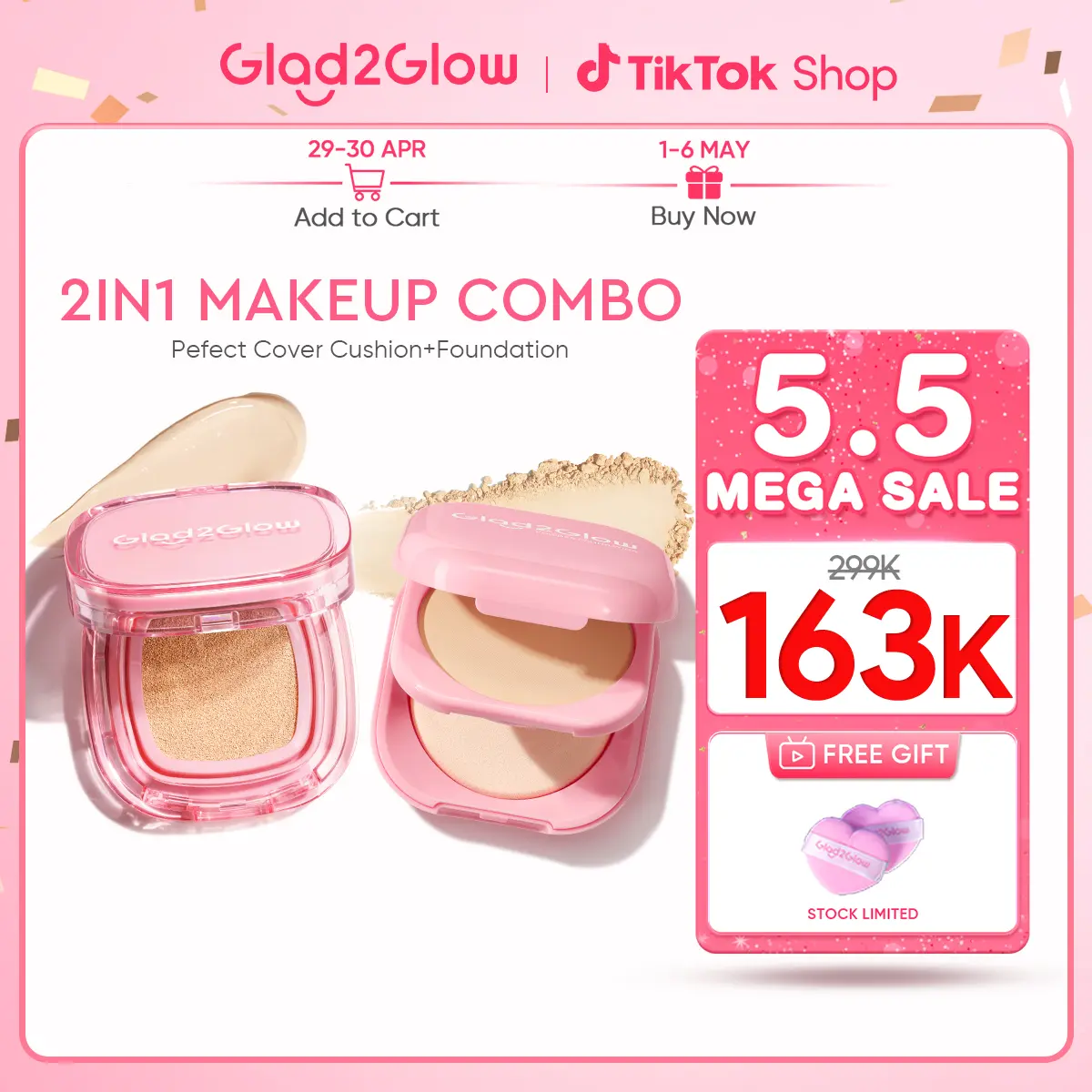 [New] Glad2Glow 2in1 Makeup Combo Set Perfect cover cushion+Perfect Powder Foundation dengan kandungan skincare mencegah kekusaman dan kulit kering sepanjang hari G2G Concealer Foundation Wajah Extract Mencerahkan Long Lasting Compact Waterproof