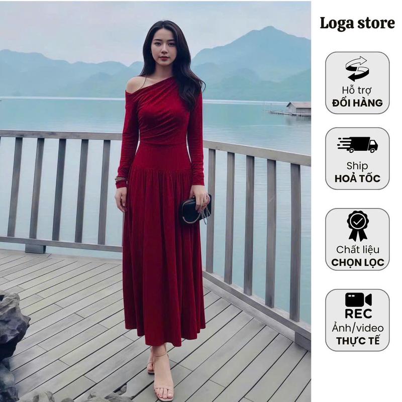  Váy đỏ lệch vai nữ nhún eo Đầm dự tiệc nữ màu đỏ Đầm thun nhún trễ vai đi tiệc sang chảnh Logastore_ L0369 