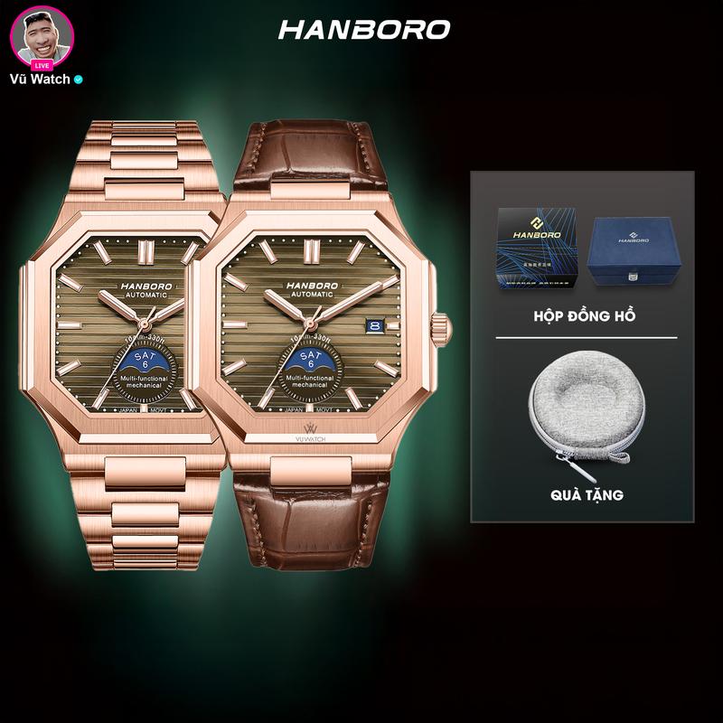 Đồng Hồ Cơ Nam HANBORO 822-1 & 822-2 [3840] [3941] | Dây da & Dây kim loại |  Tặng  1 lần thay kính & bóp đựng