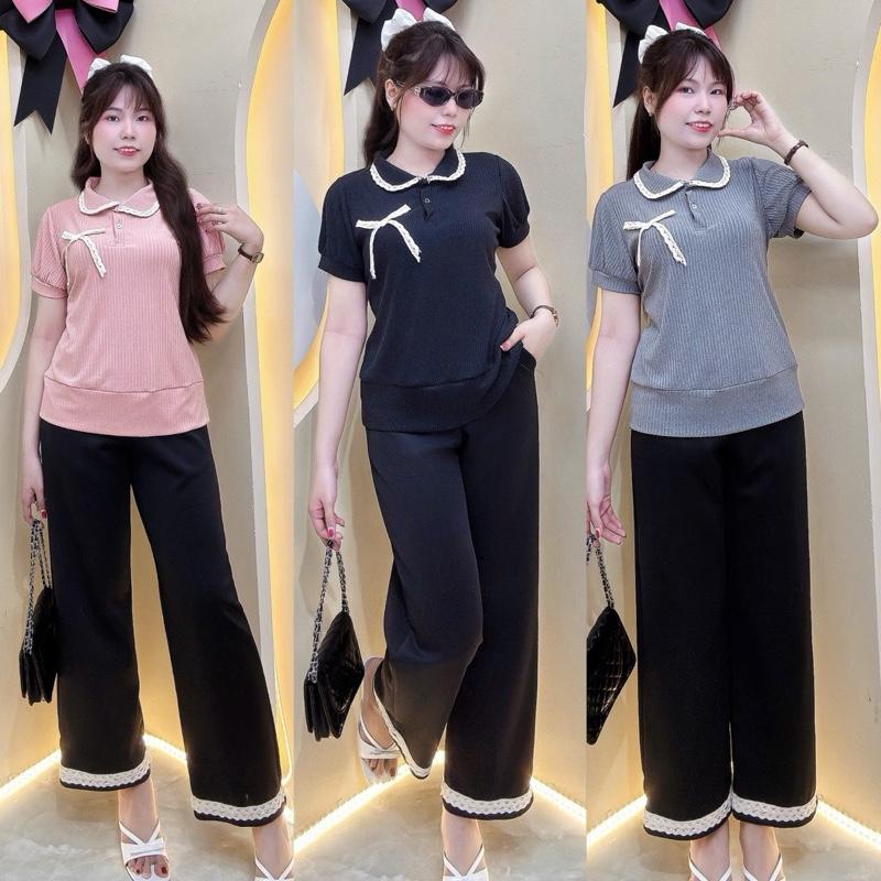 Đồ bộ Nữ BigSiZe 50-95kg —Sét bộ cổ trụ viền ren đính nơ quần suông áo tay nhí phối màu chất thun tăm co giãn mát mẽ sets
