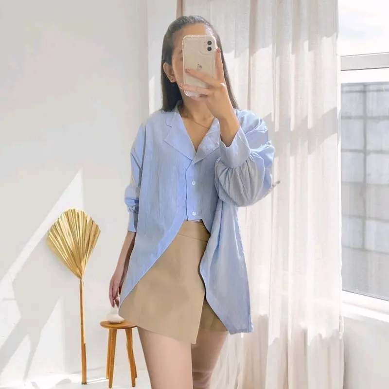 Cotton ( Blue ) 801 Angel Stripe Blouse Korean Style Baju Atasan Kemeja Katun Salur Wanita Korea Kekinian Minimalis Terbaru Elegan dan Modis Garis Garis Lengan Panjang Strip Crop Top Putih Plain Yellow Pastel Premium Hoppy Algiclo Posy id Official Store 3
