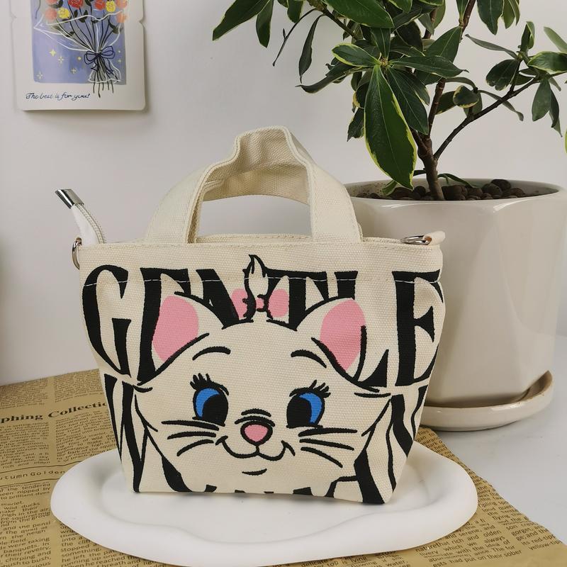 Product Introduction of GENTLEWOMAN Soft women sling bag, Thai cute cat design, zipper closure, 2 colors available (white and black), made of canvas, suitable for women 1