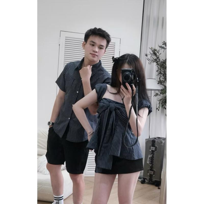 S - 81 GIÁ MỞ BÁN Set đồ đôi nam nữ couple áo ống nữ kèm nơ và áo sơmi nam sọc tay ngắn phong cách thời trang hiện đại