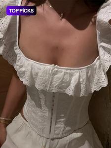 Blusa con estructura de corsé y cordones con adornos de volantes y bordado de ojales para mujer, top de moda dulce con escote cuadrado y manga mariposa sin espalda para el día a día, ropa de verano para mujer