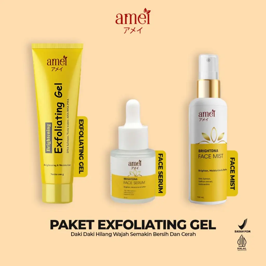 Amei Paket Exfoliating Gel DNA Salmon Pemutih Wajah Mengangkat Sel Kulit Mati Penghilang Daki Bisa Digunakan Wanita & Pria BPOM Mencerahkan Perontok Pencerah Hitam Bopeng Muka