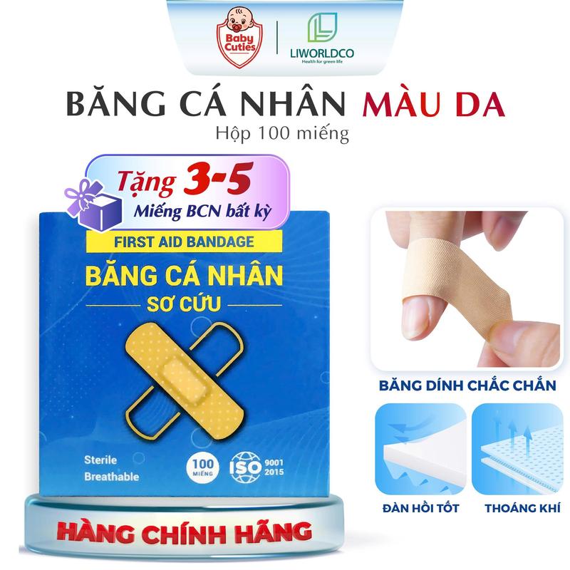  Liworldco - Băng Cá Nhân Màu Da Thông Thoáng Hộp 100 Miếng Tính Thẩm Mỹ Cao Không Dính Vết Thương Thay Băng Không Đau Sản Xuất Tại Việt Nam 