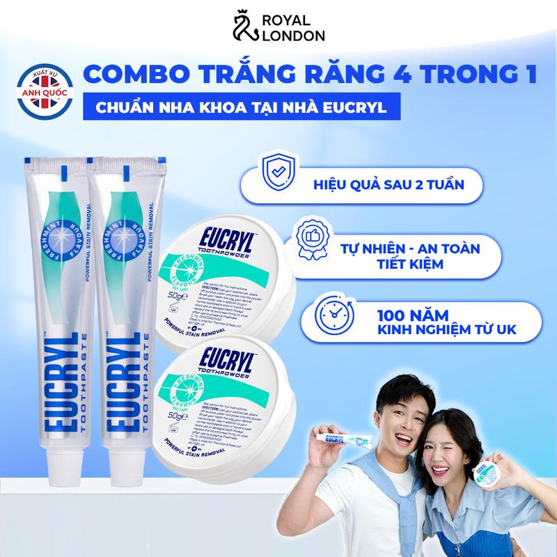 Combo 2 kem đánh răng & 2 bột hỗ trợ làm trắng răng Eucryl Toothpaste & Toothpowder Freshmint 62g hương bạc hà thanh mát
