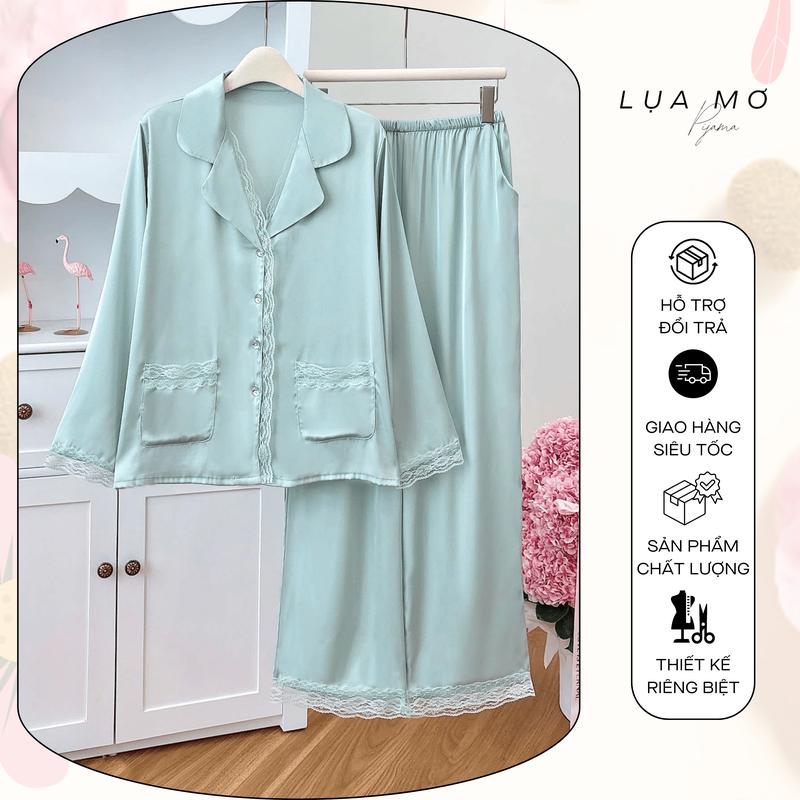  Pijama Tiểu Thư Tay Dài Hai Túi Phối Ren 6 Màu Vải Lụa Latin Cao Cấp - Đồ bộ Lụa Mơ LM203 