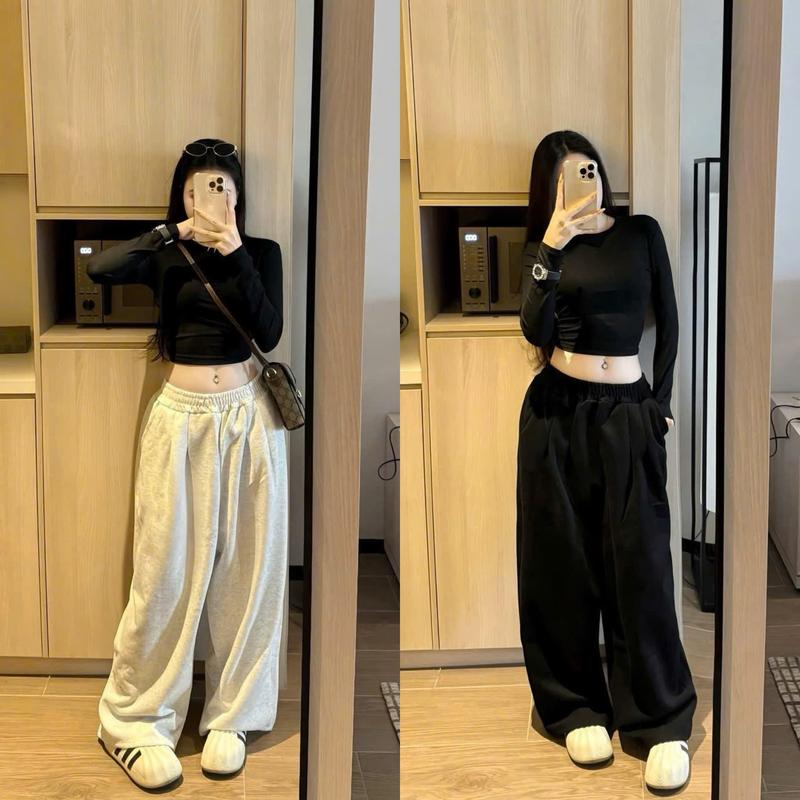  Sét bộ   Áo + Quần   áo dài tay cổ tròn Tone Màu  Đen dáng Croptop tôn eo xinh xắn Mix Quần dài ống rộng 2 Tone Màu trẻ trung Hot Trend - Dành Cho Nữ + WOMEN TOP 