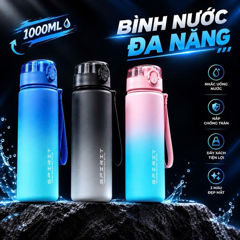 Bình nước thể thao dung tích lớn 1000ml, nhắc uống nước, chồng rò rỉ, có quai xách