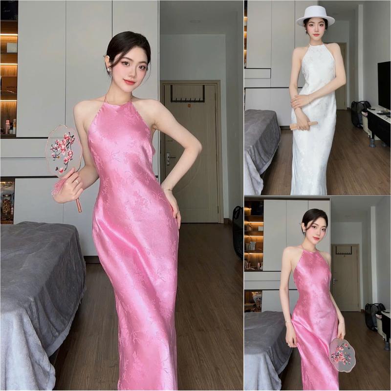 Đầm Lụa Yếm Gấm Đuôi Cá A119 Dáng Dài Váy Lụa Gấm 2 Lớp Không Mút Không Dây Dáo Hở Lưng Dự Tiệc Màu Hồng & Trắng, mặc trung thu & Tết - Akara closet