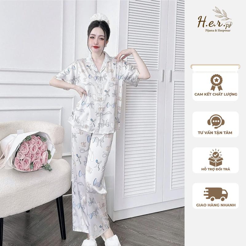 Bộ đồ ngủ nữ mặc nhà pijama lụa latin cao cấp cộc dài siêu mát họa tiết dễ thương