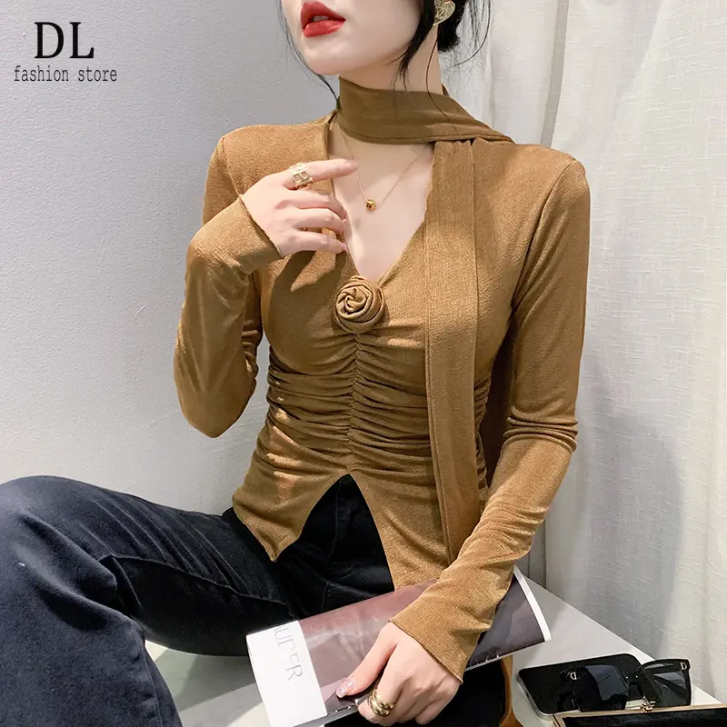 DL 2025 Autumn New Fashion Rose Fold V-Neck Khaki Top Long Sleeve Hanging Neck Strap T-shirt Women
