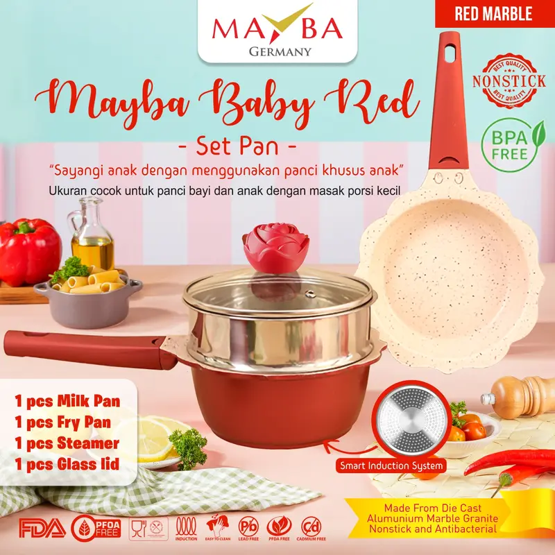 PANCI SET MAYBA BABY PAN 4 pcs Perlengkapan bayi Kids | Peralatan Wajan masak anak diatas bolde | Cream Frying Milk pan steamer lavender merah Pink Black 3