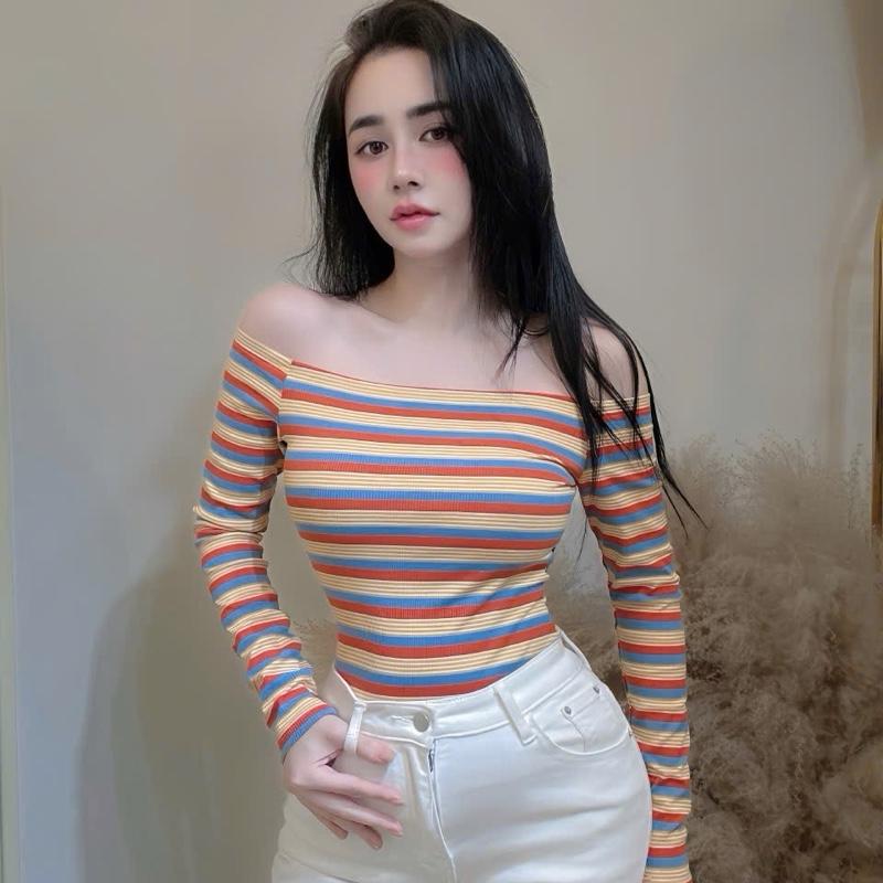 Áo Thun Tăm Thái Nữ Trễ Vai Tay Dài Co Giãn LP53