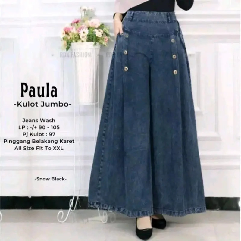 Celana kulot jeans kulot paula jumbo full karet pinggang saku jeans premium 1