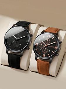 Conjunto de reloj para hombre de cuarzo de negocios, esfera redonda con movimiento analógico, regalo perfecto para fiestas y uso diario, elegante presente de cumpleaños (sin caja)