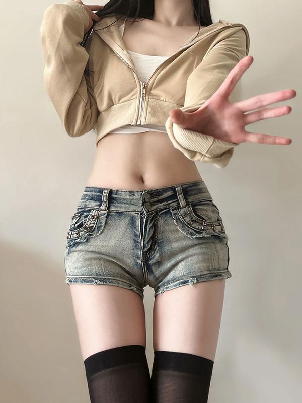 A7 - Quần đùi jean nữ ngà vàng bò xanh bạc short ngắn denim màu loang đinh tán cạp trễ co dãn rách tua rua cá tính trend