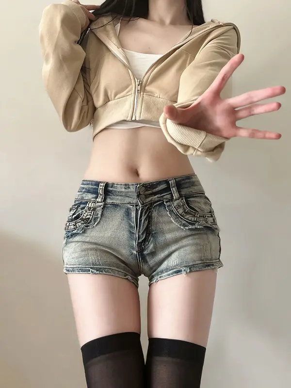 A7 - Quần đùi jean nữ ngà vàng quần bò xanh phai vàng quần short nữ màu loang đinh tán cạp trễ co giãn rách tua rua 0