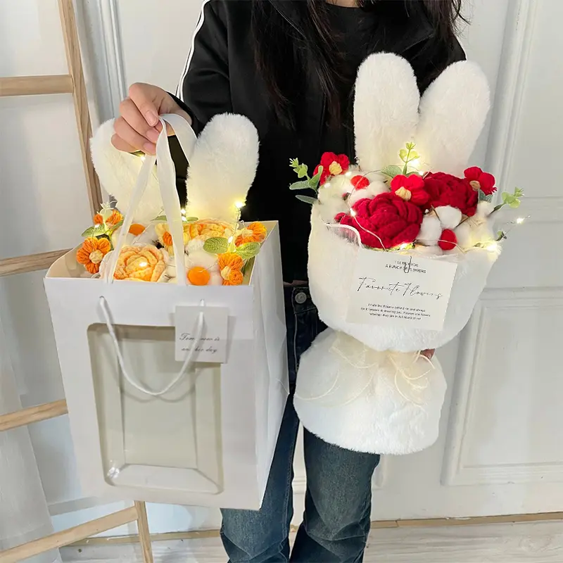 1pc Knitted Rabbit Ears Fleece Rose Flower Simulation Flower, Handmade Crochet Flower, Birthday Gifts For Friends Girls, /Mother's Day/Valentine's Day Gifts, Festival Party Decorative Bouquet Easter Gift Plant Fruit Ornaments
