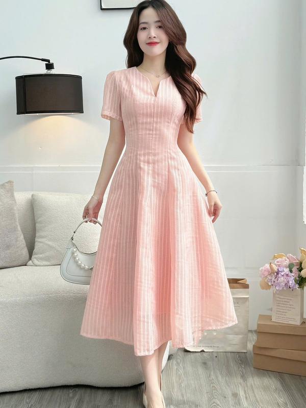  Váy thô lưới thiết kế dáng dài vintage cổ chữ V Đầm nữ màu hồng hai lớp chất mèm mịn sang chành phù hợp đi tiệc đi chơi Đ8910 