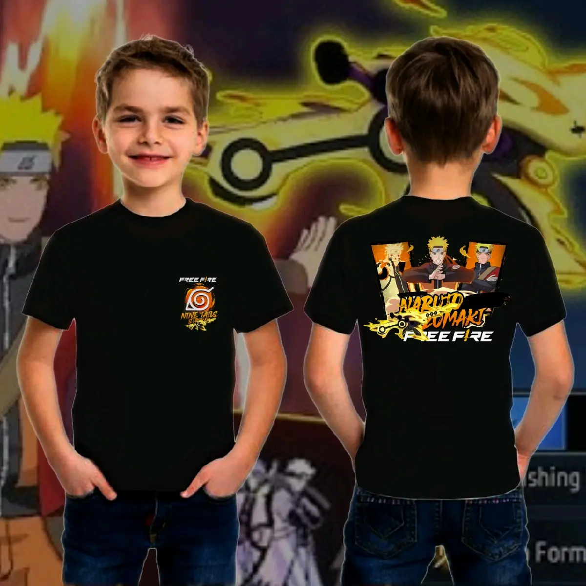 Baju Kaos FF x Naruto Anak Laki-laki Dan Perempuan Cotton Combed/Baju Free Fire Collab Naruto Shippuden Fashion Anak/Kaos Naruto X FF Untuk Anak