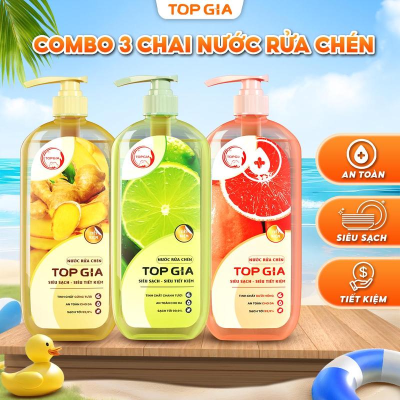 CHAI LỚN TIẾT KIỆM COMBO 3 Chai Nước Rửa Chén TOPGIA 3kg Mùi Chanh Bưởi Và Gừng Làm Sạch Dầu Mỡ Và Vết Bẩn An Toàn Cho Da Không Làm Khô Tay RC
