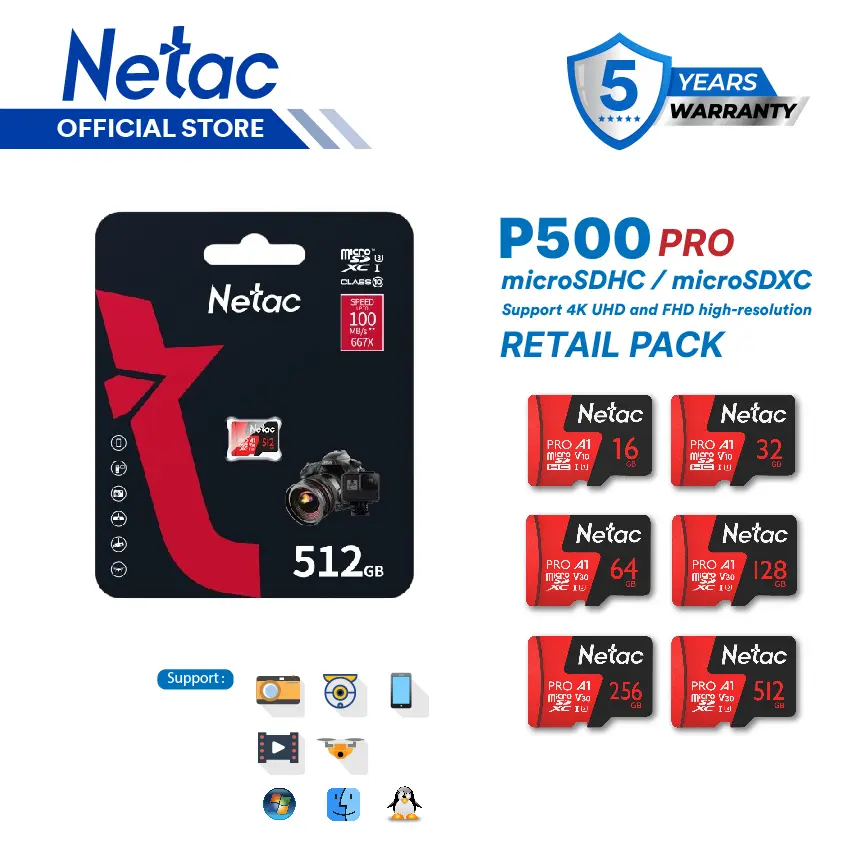 Netac MicroSD P500 Ultra / Extreme Pro MicroSDHC / MicroSDXC Card 16GB/32GB/64GB/128GB/256GB V30 A1 Class 10 up to 100MB/s Retail Pack/Retail Pack with SD Adapter