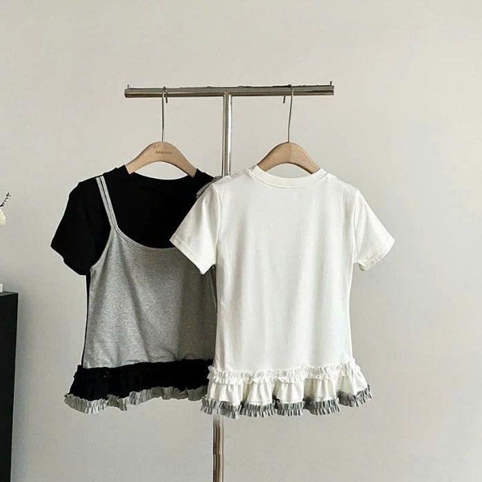 Áo Thun Nữ Ngắn Tay Phối Áo Yếm 2 Dây Viền Bèo Xếp Ly Gấu Áo Trơn Basic 6