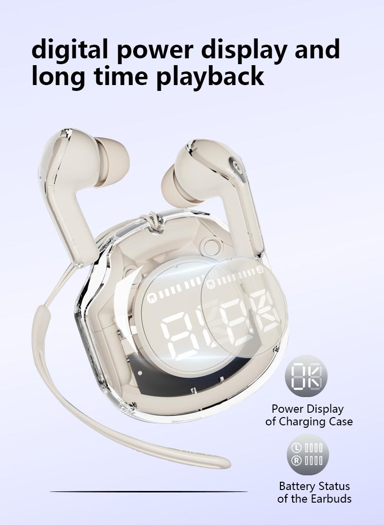 Product Introduction of Bluetooth 5.3 Wireless Earbuds, Stylish Transparent Design with Noise Cancellation, Works with All Smartphones Audio Earphone Mic Headset Speaker 4