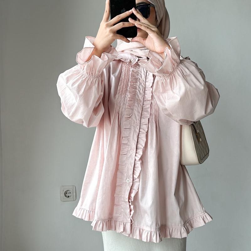 LEONIE POPLIN BLOUSE Atasan Baju Panjang Katun Lembut Oversize Wanita Motif Ruffle 1